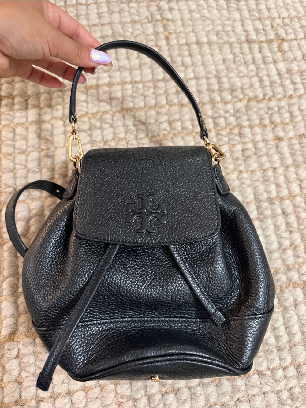 Tory Burch Black Pebbled Leather Drawstring Backpack with Top Handle